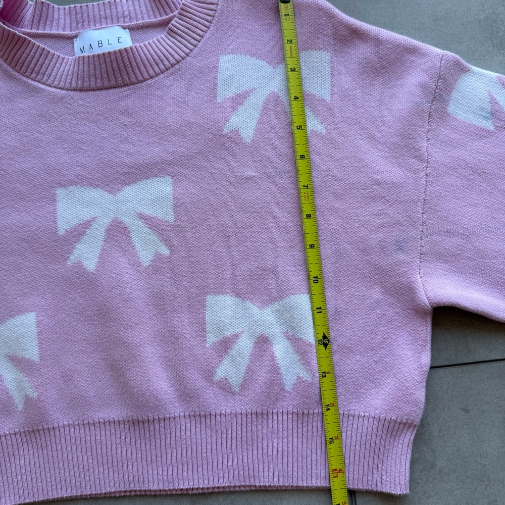 Maple Cropped Crewneck Sweater small Light Pink White Bow long sleeves knit - Picture 4 of 10